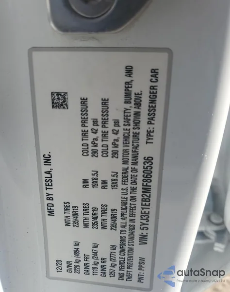 2021 Tesla Model 3 z USA, uszkodzony, nr VIN 5YJ3E1EB2MF860536